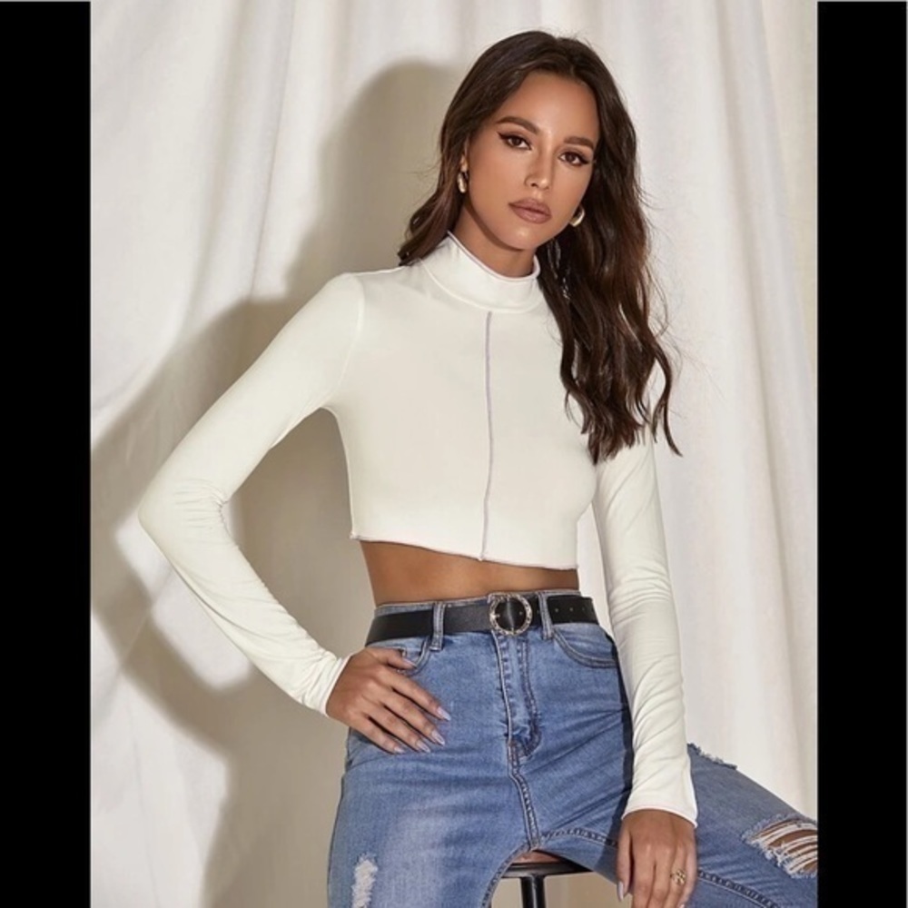 Mock Neck‎ Trim Crop Long Sleeve Tee Medium